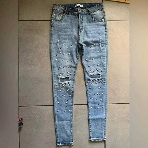 Runway Paris Vintage Style Pearl Embellished Skinny Jeans Sz L (Fits US 10/12) - Picture 2 of 12